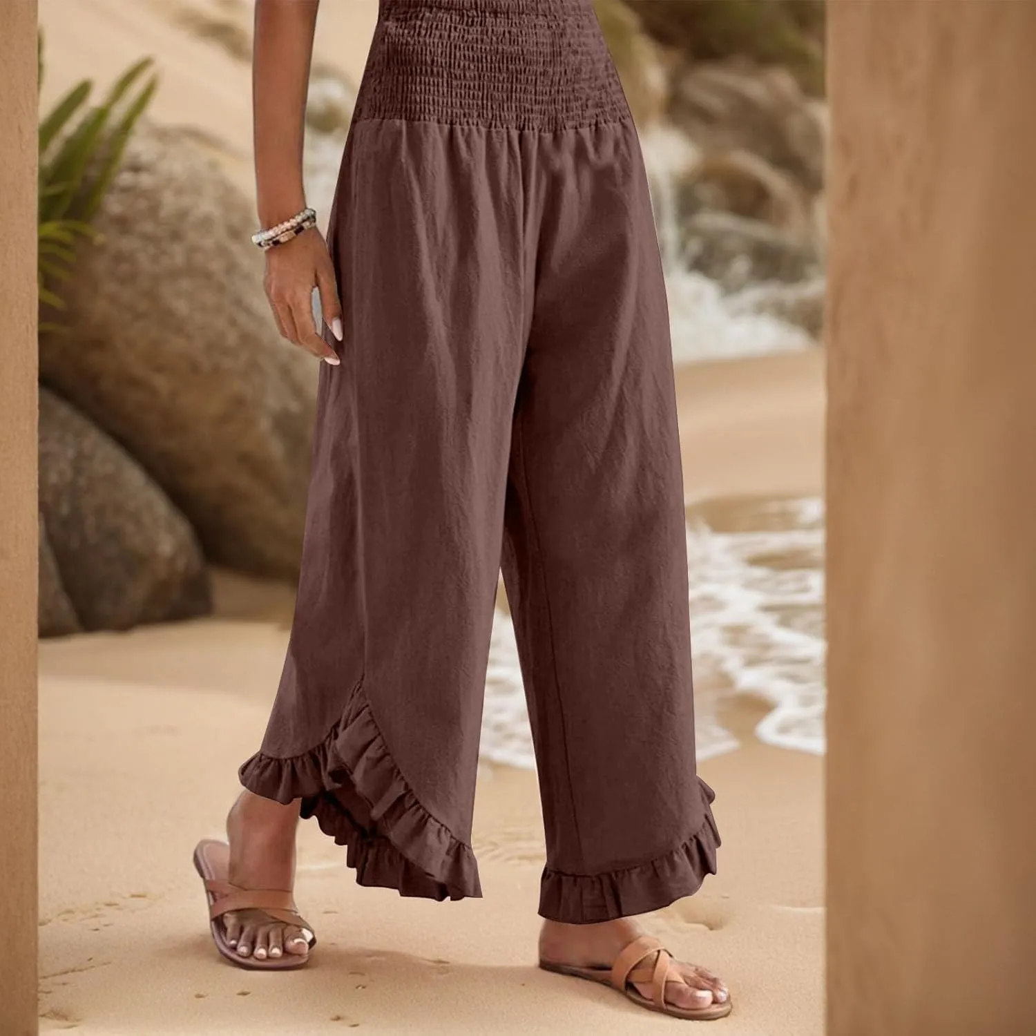 Wide Leg Linen Pants for Women Smocked Waist Ruffle Hem Summer Palazzo Casual Boho Flowy Beach Trouser with Pockets