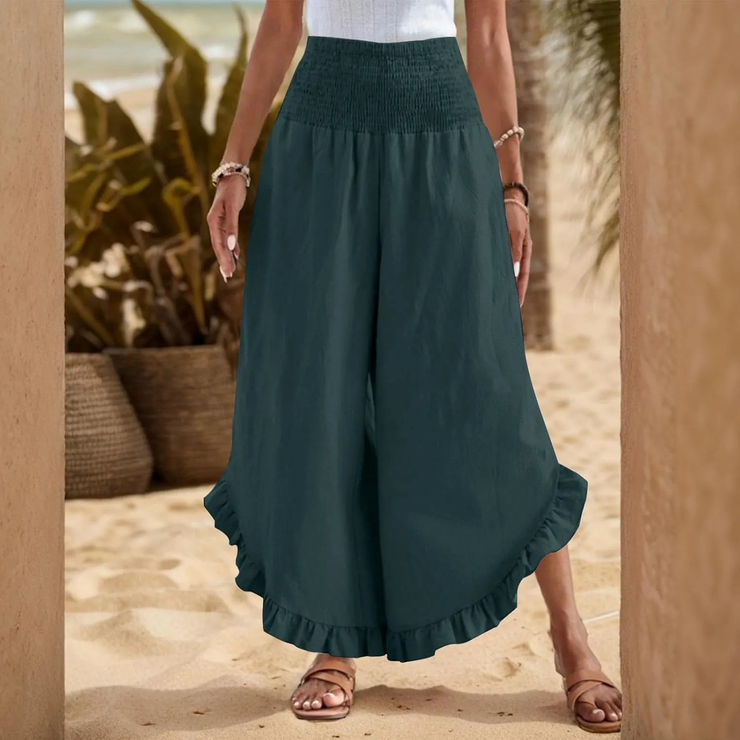 Wide Leg Linen Pants for Women Smocked Waist Ruffle Hem Summer Palazzo Casual Boho Flowy Beach Trouser with Pockets