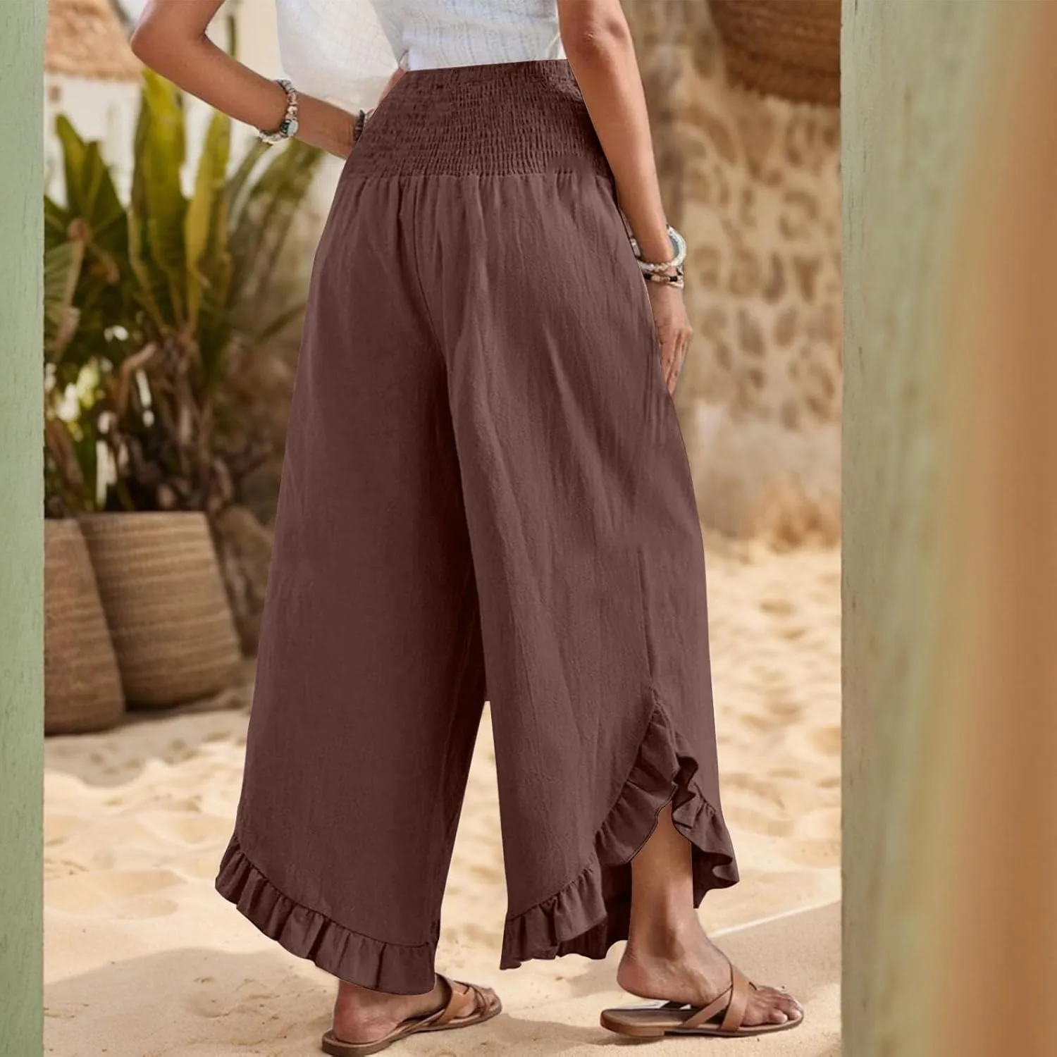Wide Leg Linen Pants for Women Smocked Waist Ruffle Hem Summer Palazzo Casual Boho Flowy Beach Trouser with Pockets