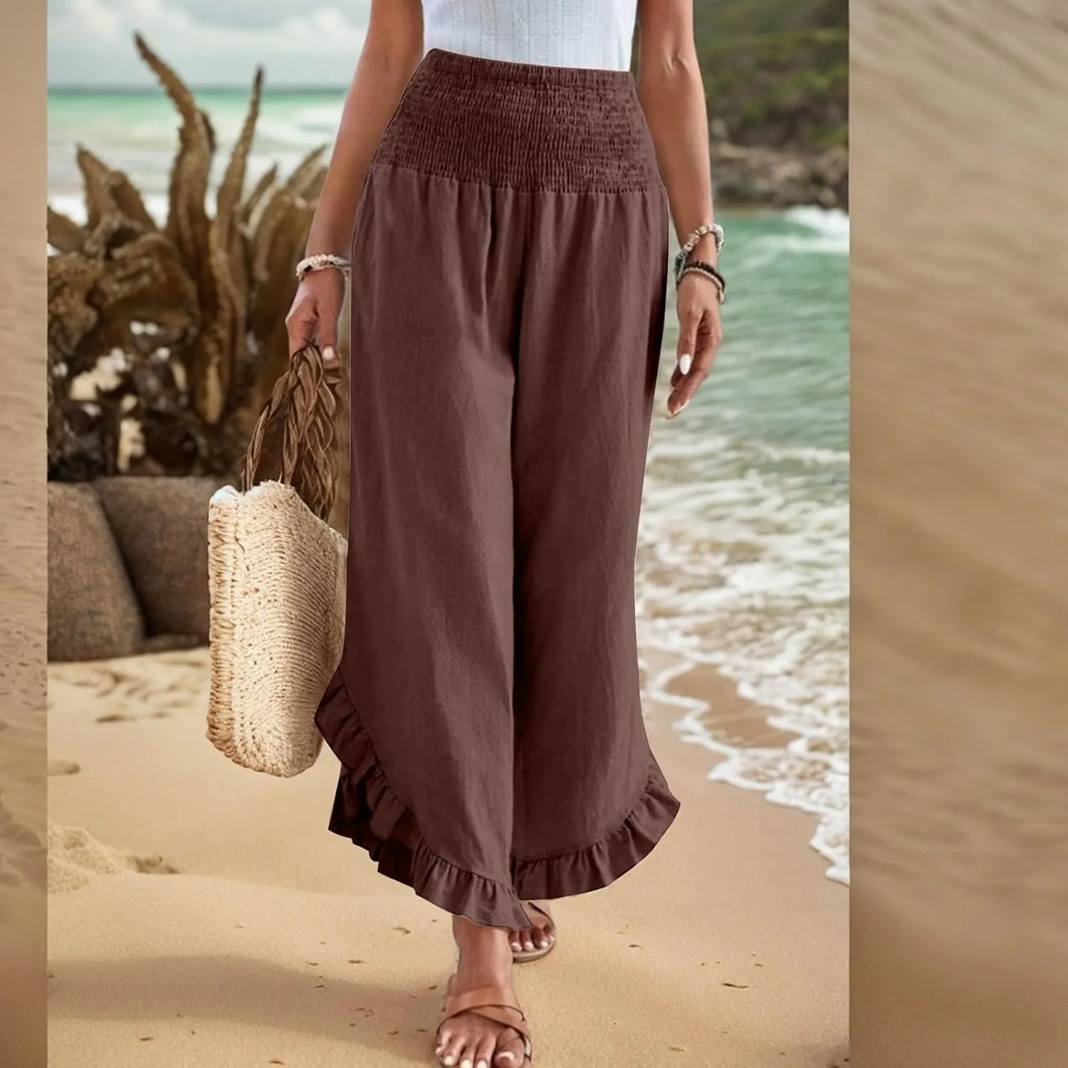 Wide Leg Linen Pants for Women Smocked Waist Ruffle Hem Summer Palazzo Casual Boho Flowy Beach Trouser with Pockets