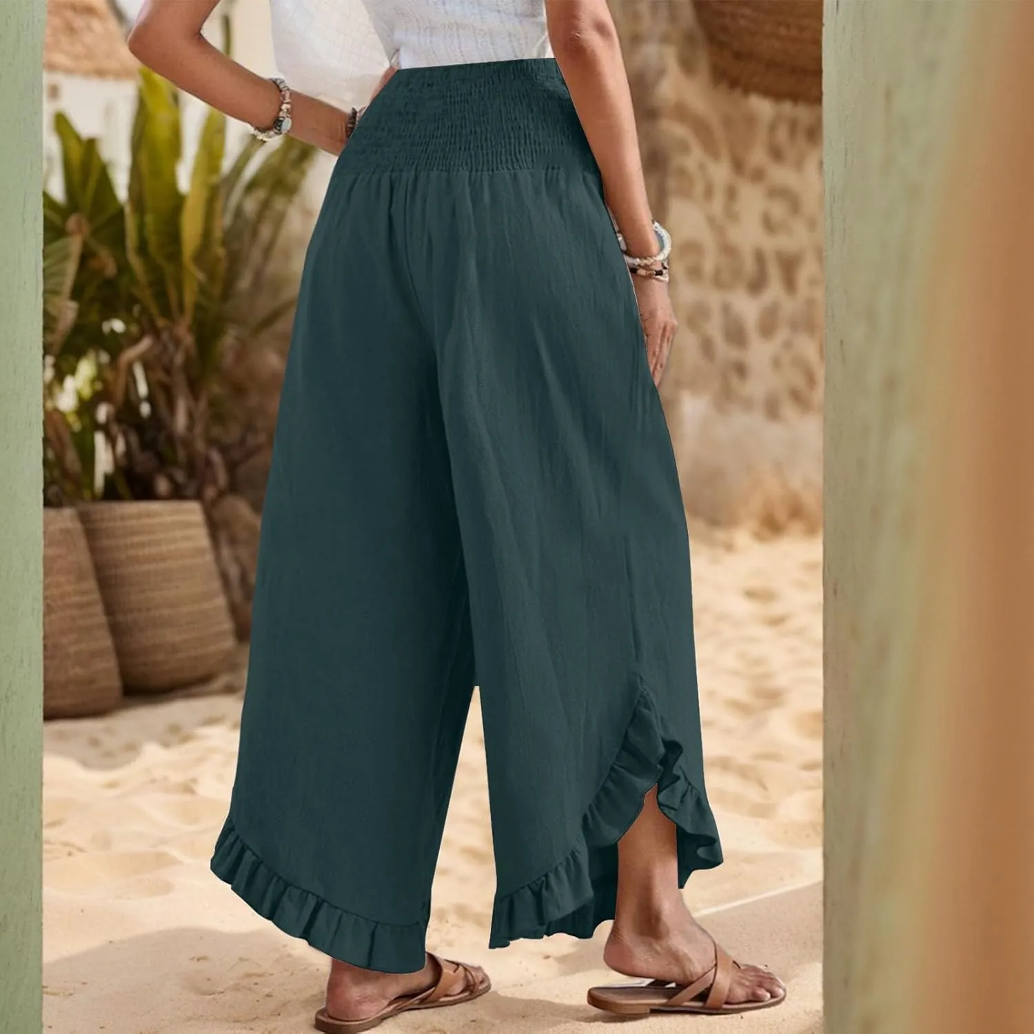 Wide Leg Linen Pants for Women Smocked Waist Ruffle Hem Summer Palazzo Casual Boho Flowy Beach Trouser with Pockets