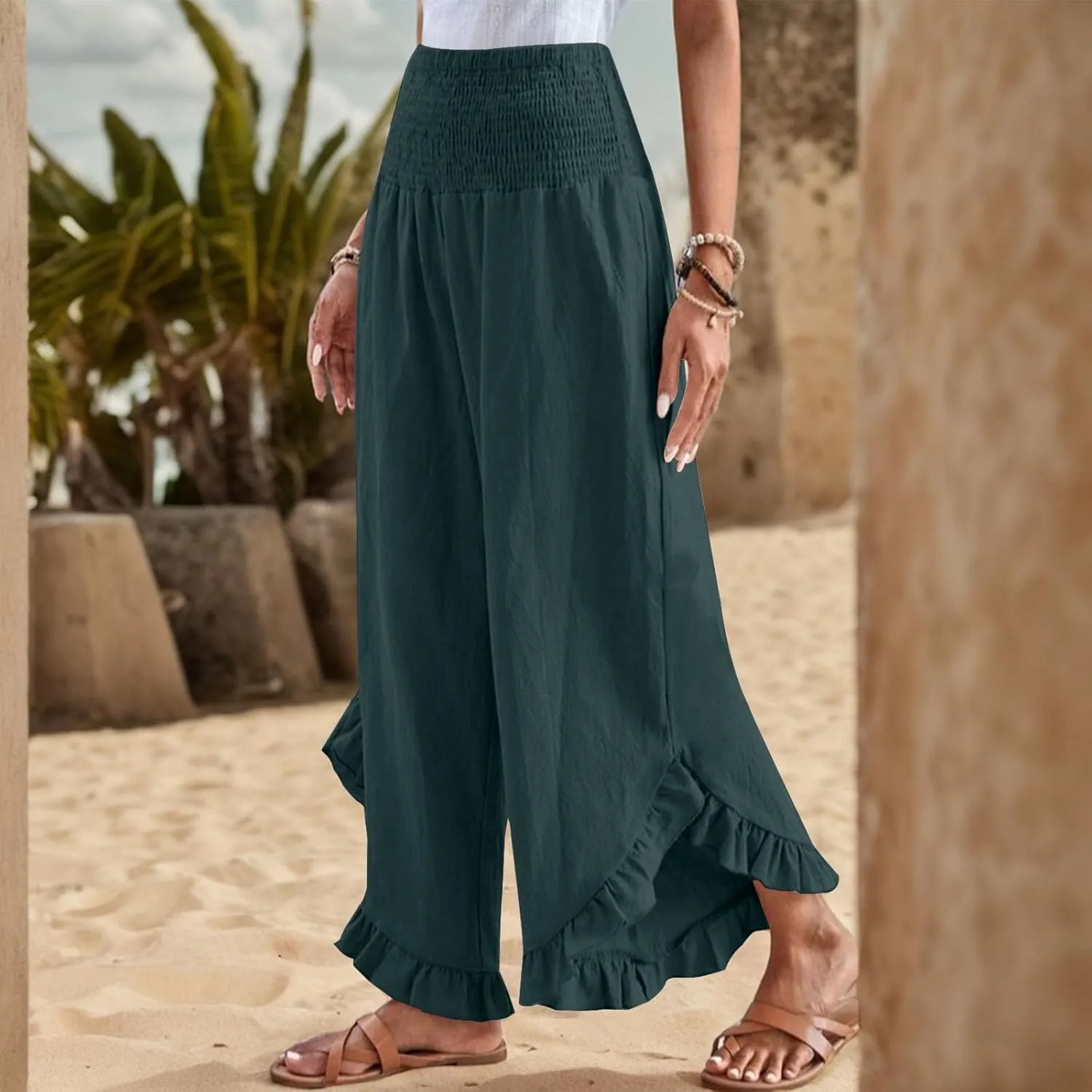Wide Leg Linen Pants for Women Smocked Waist Ruffle Hem Summer Palazzo Casual Boho Flowy Beach Trouser with Pockets