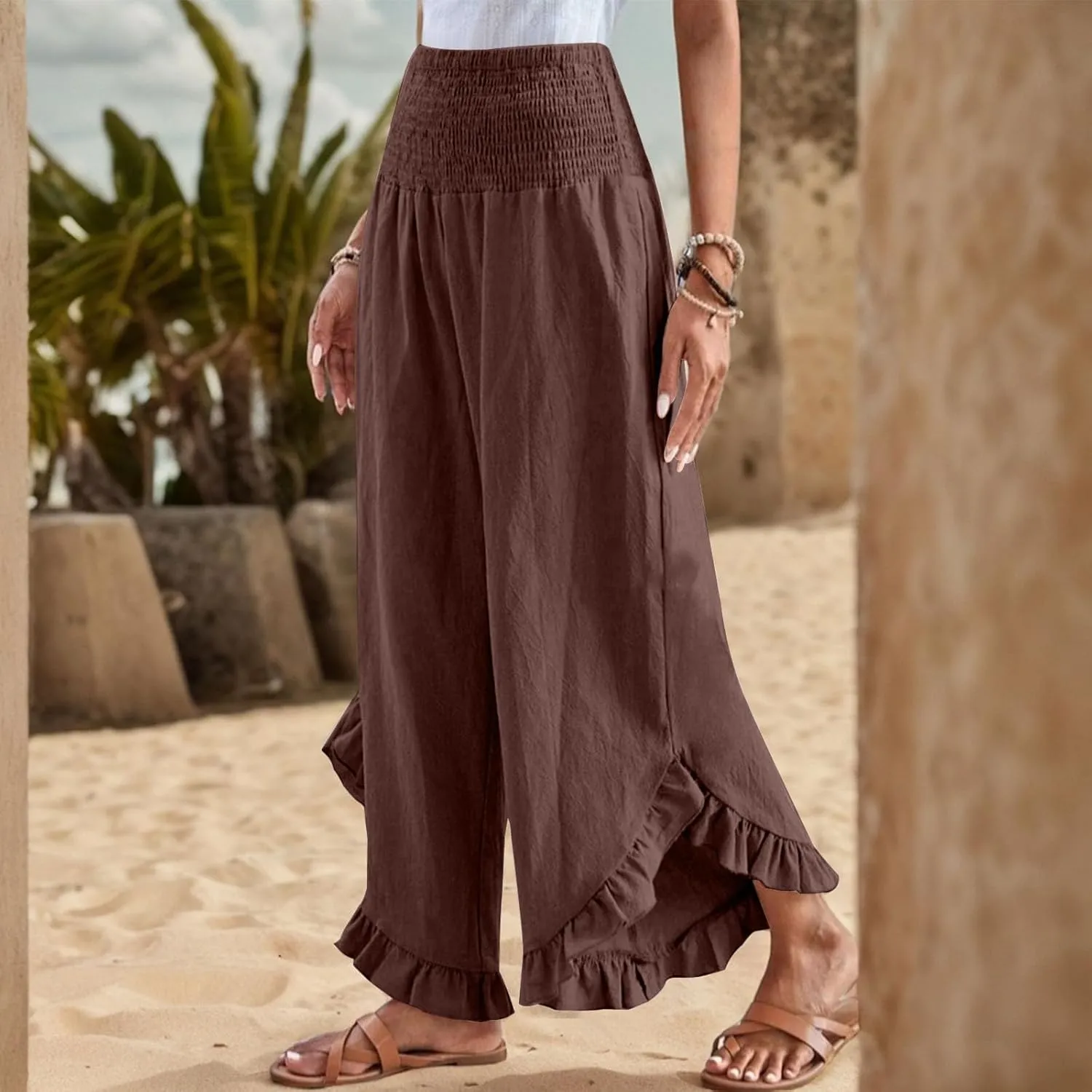 Wide Leg Linen Pants for Women Smocked Waist Ruffle Hem Summer Palazzo Casual Boho Flowy Beach Trouser with Pockets
