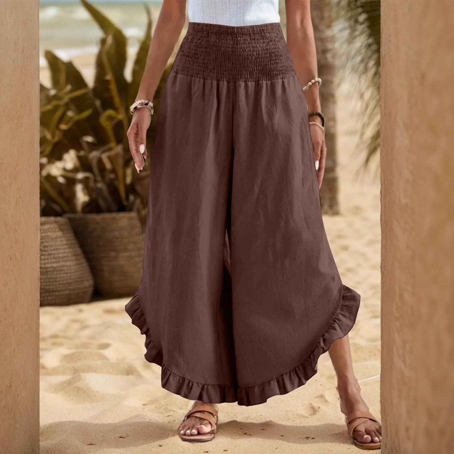 Wide Leg Linen Pants for Women Smocked Waist Ruffle Hem Summer Palazzo Casual Boho Flowy Beach Trouser with Pockets