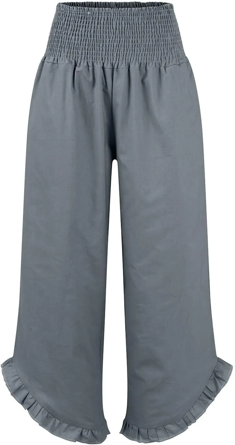 Wide Leg Linen Pants for Women Smocked Waist Straight Leg Ruffle Cuffs Loose Fit Palazzo Pant Casual Boho Beach