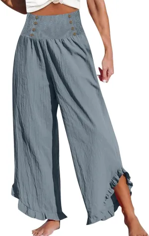 Wide Leg Linen Pants for Women Smocked Waist Straight Leg Ruffle Cuffs Loose Fit Palazzo Pant Casual Boho Beach