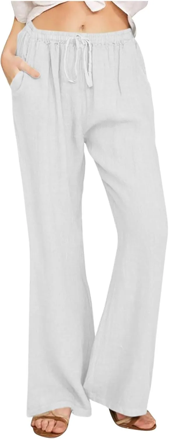 Wide Leg Palazzo Pants for Women Summer Basic Plain Linen Pants Beach Causal Drawstring Trousers with Pockets