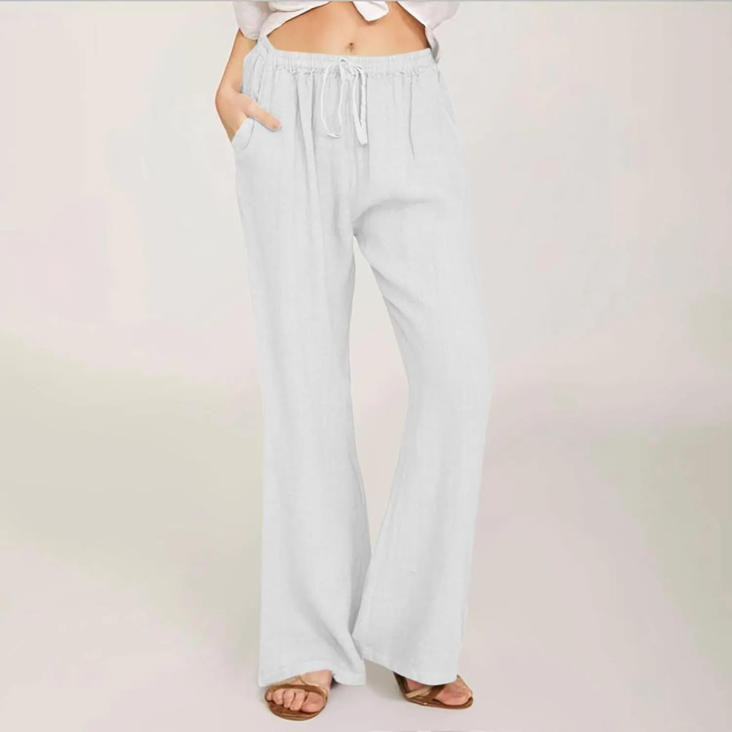 Wide Leg Palazzo Pants for Women Summer Basic Plain Linen Pants Beach Causal Drawstring Trousers with Pockets
