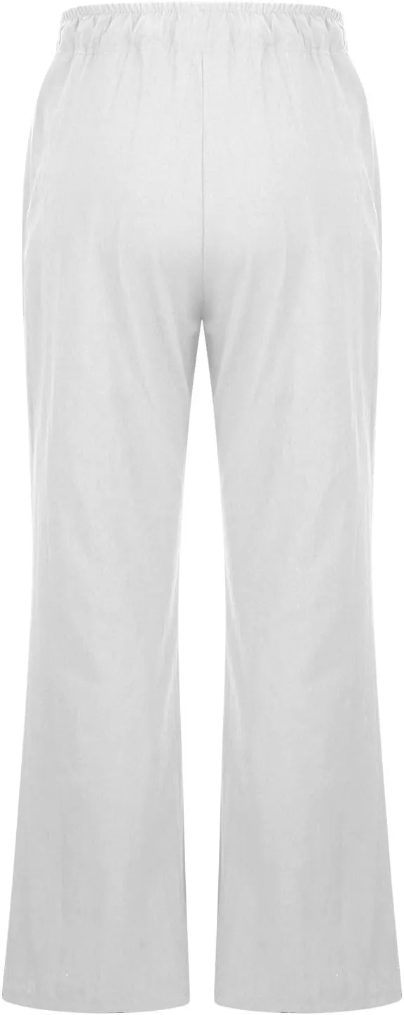 Wide Leg Palazzo Pants for Women Summer Basic Plain Linen Pants Beach Causal Drawstring Trousers with Pockets