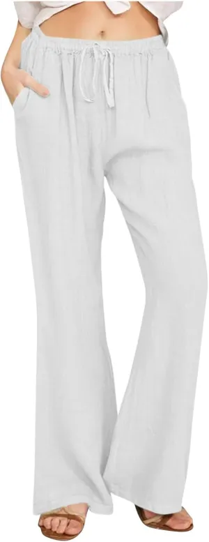 Wide Leg Palazzo Pants for Women Summer Basic Plain Linen Pants Beach Causal Drawstring Trousers with Pockets