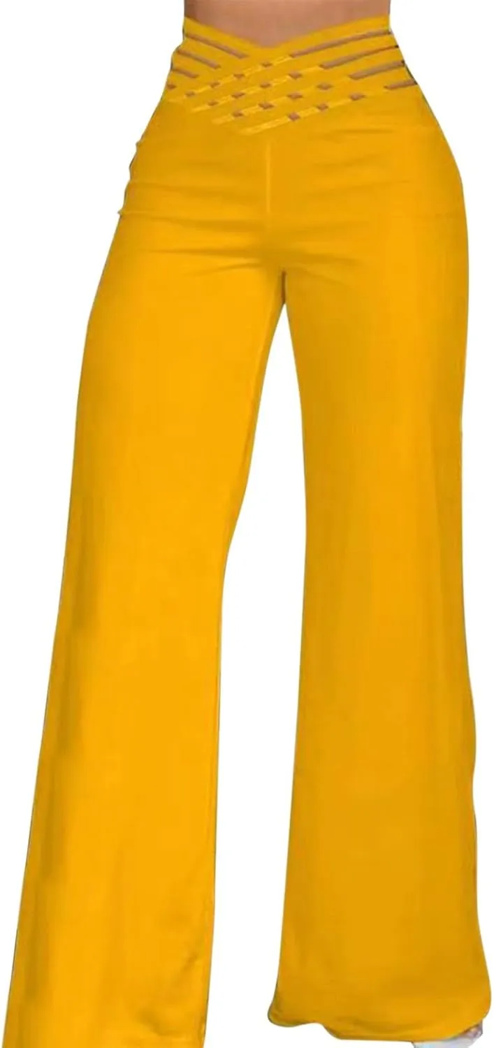 Wide Leg Pants for Women Hollow Belt High Waist Solid Color Loose Flowy Long Trousers Going Out Beach Vacation Pants