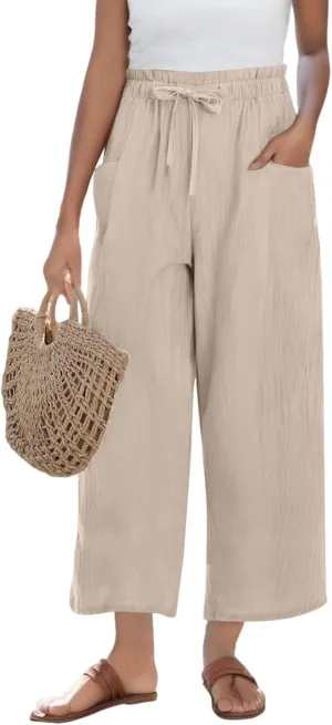Wide Leg Pants for Women Linen Cotton Lightweight High Waisted Palazzo Pant Casual Loose Comfy Summer Beach Trousers