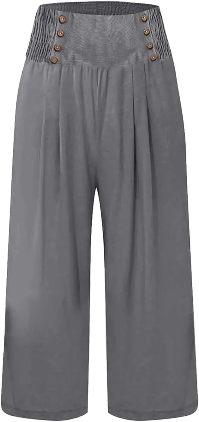 Wide Leg Work Pants for Women Pants Elastic Waist Summer Trousers 3/4 Length Pants with High Linen Pants for Women