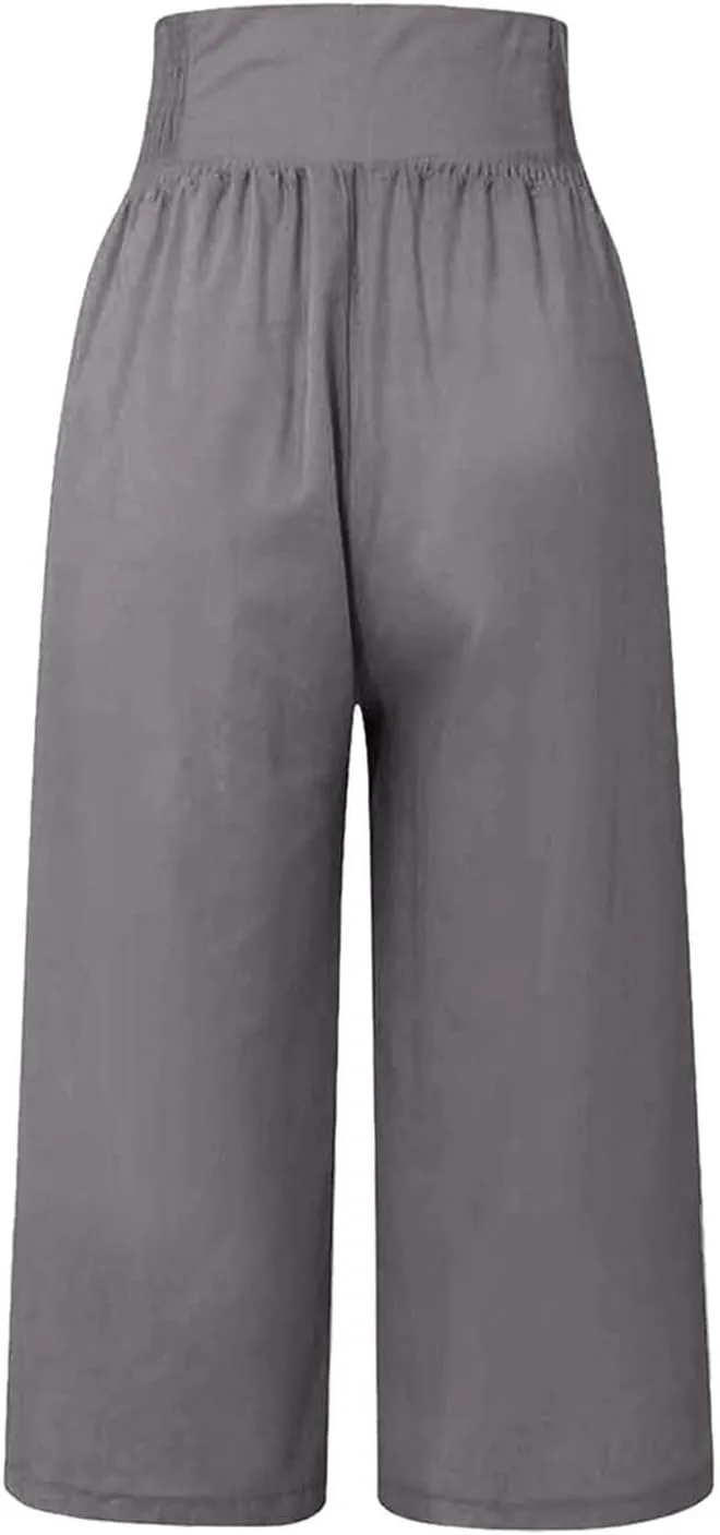 Wide Leg Work Pants for Women Pants Elastic Waist Summer Trousers 3/4 Length Pants with High Linen Pants for Women