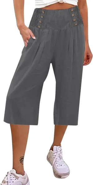Wide Leg Work Pants for Women Pants Elastic Waist Summer Trousers 3/4 Length Pants with High Linen Pants for Women