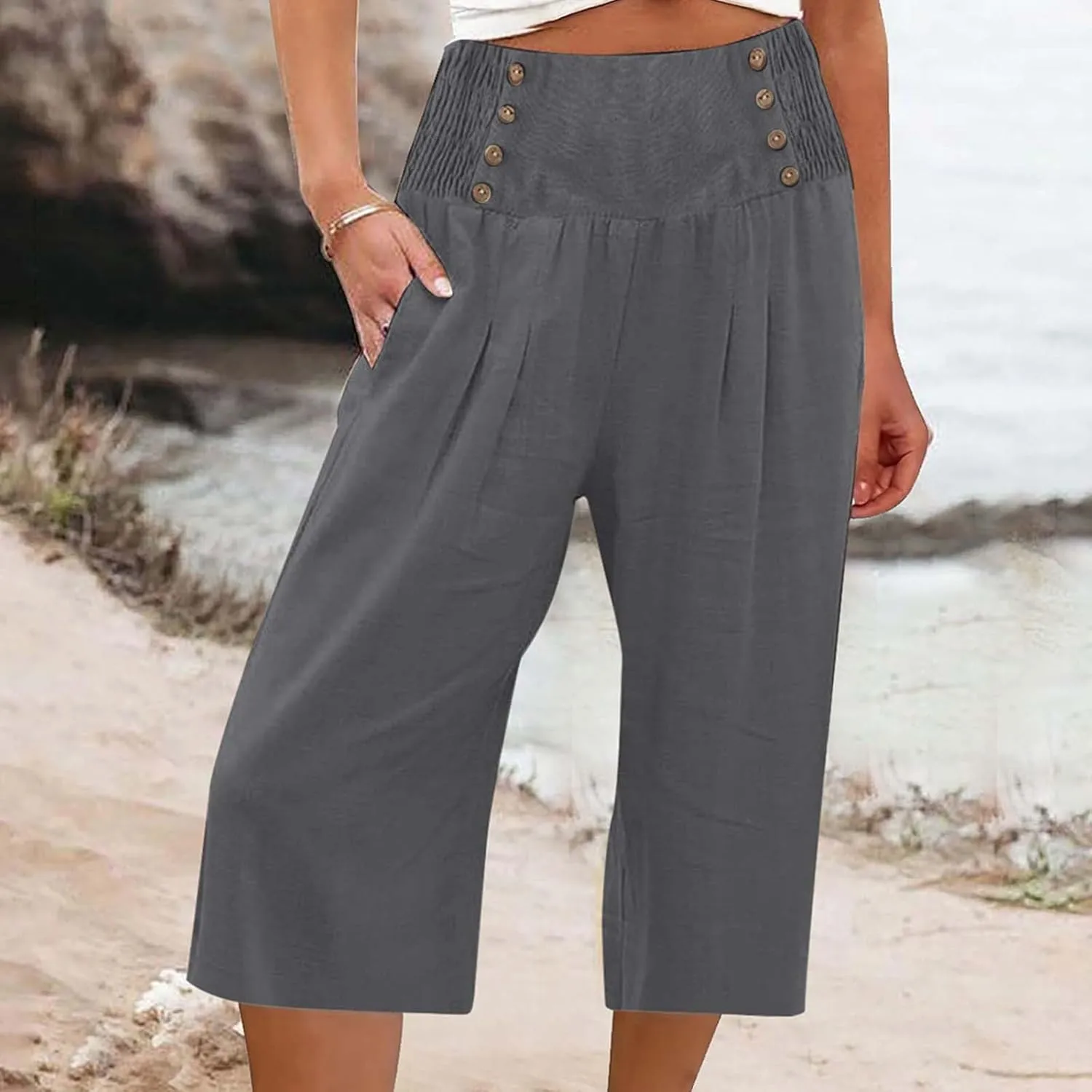 Wide Leg Work Pants for Women Pants Elastic Waist Summer Trousers 3/4 Length Pants with High Linen Pants for Women