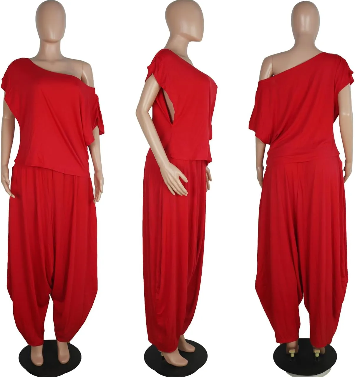 WOKANSE Womens 2 Piece Outfits Solid Short Sleeve Off One Shoulder Pullover Top and Loose Harem Pants Set Tracksuits