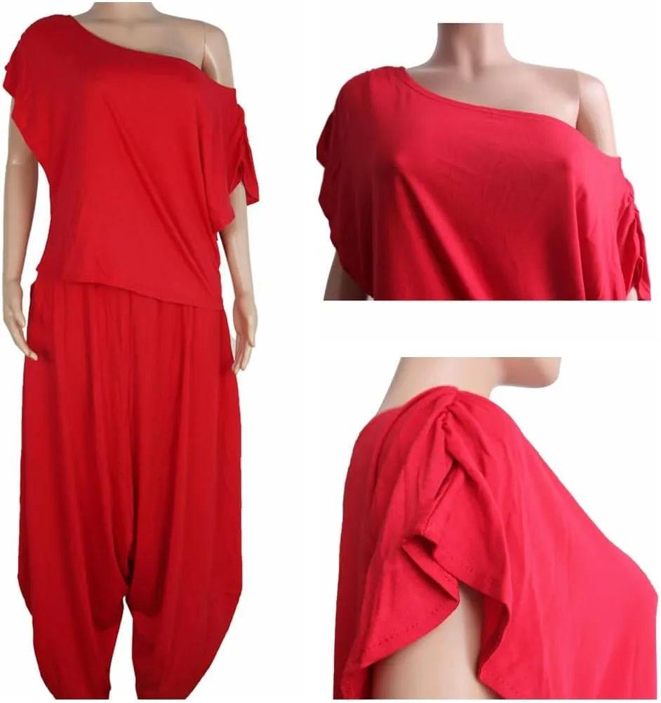 WOKANSE Womens 2 Piece Outfits Solid Short Sleeve Off One Shoulder Pullover Top and Loose Harem Pants Set Tracksuits