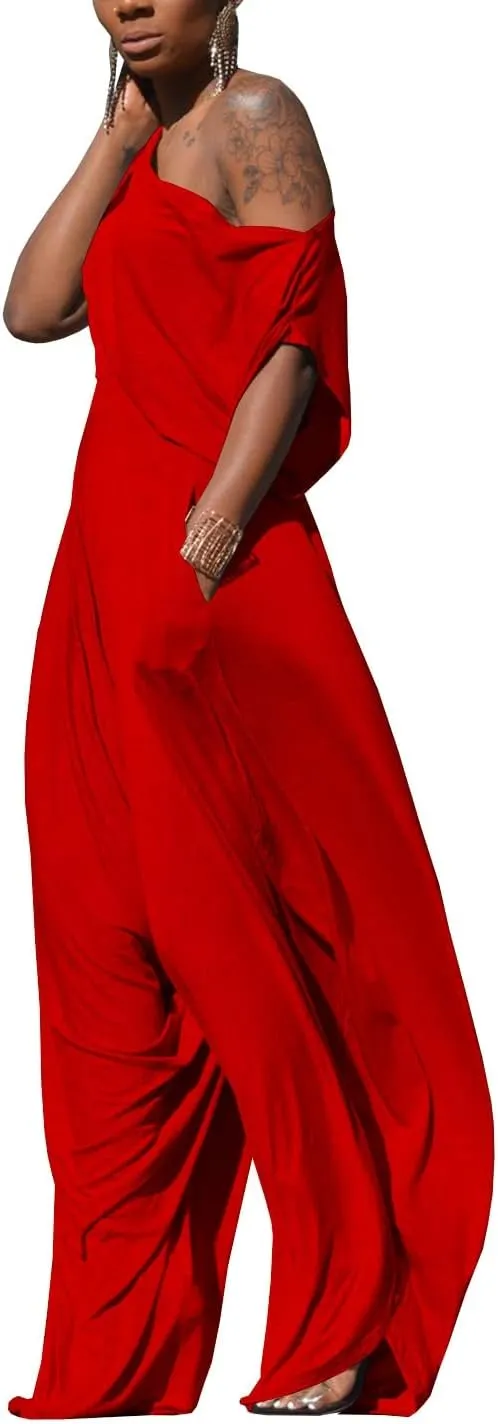 WOKANSE Womens 2 Piece Outfits Solid Short Sleeve Off One Shoulder Pullover Top and Loose Harem Pants Set Tracksuits