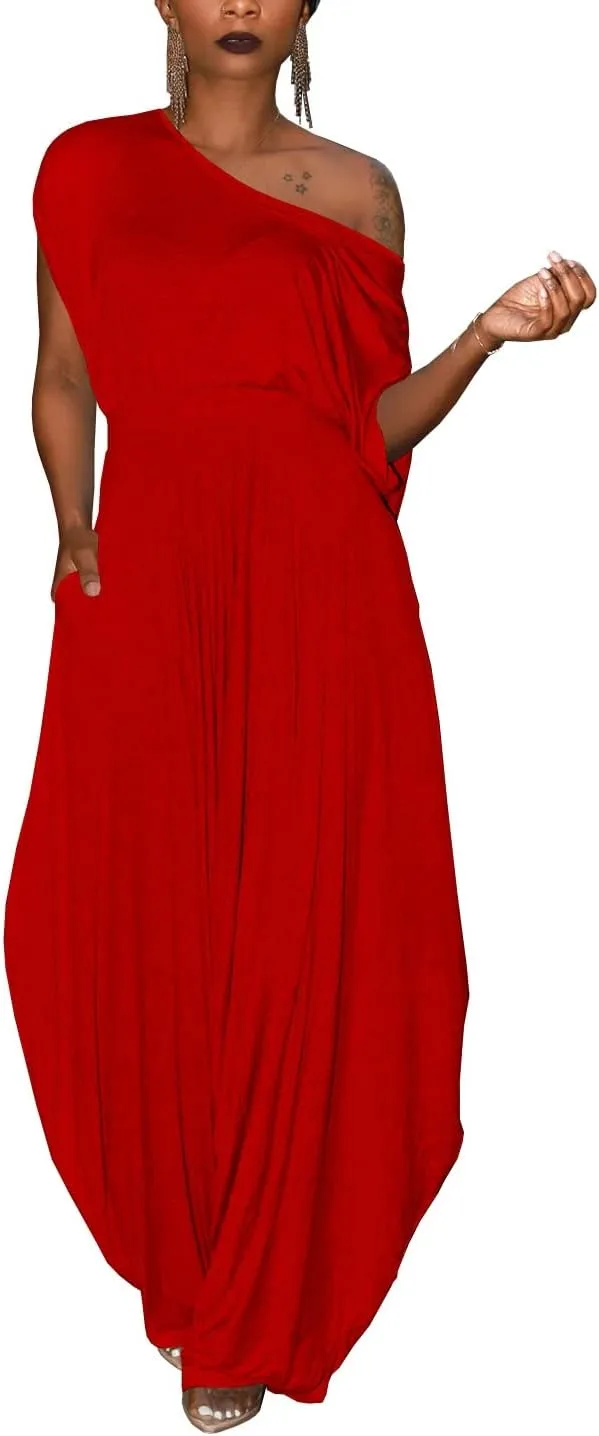 WOKANSE Womens 2 Piece Outfits Solid Short Sleeve Off One Shoulder Pullover Top and Loose Harem Pants Set Tracksuits