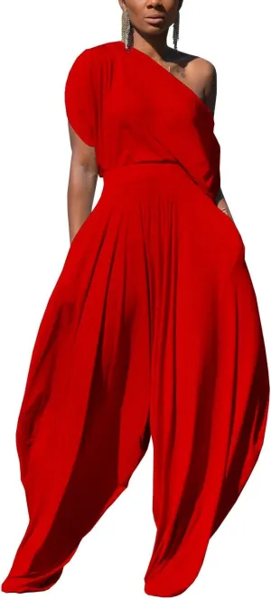 WOKANSE Womens 2 Piece Outfits Solid Short Sleeve Off One Shoulder Pullover Top and Loose Harem Pants Set Tracksuits