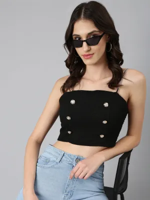 Women Black Sleeveless Smocked Bralette Crop Top