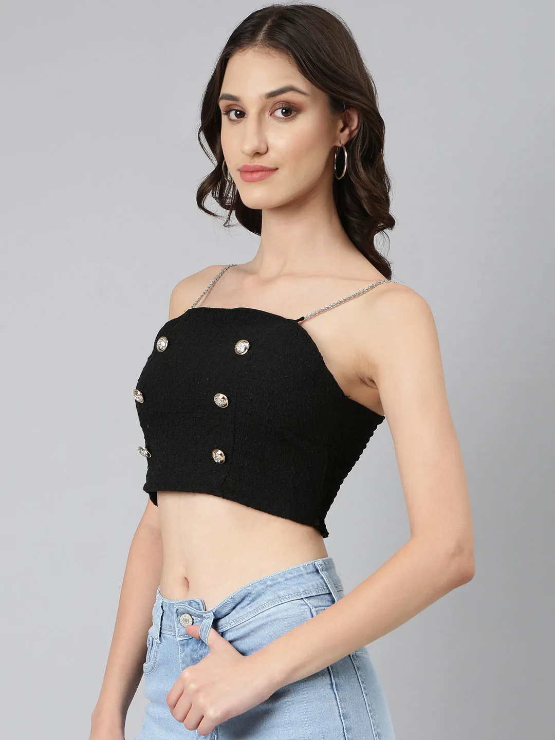 Women Black Sleeveless Smocked Bralette Crop Top
