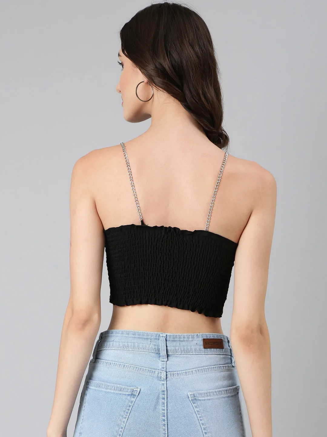Women Black Sleeveless Smocked Bralette Crop Top