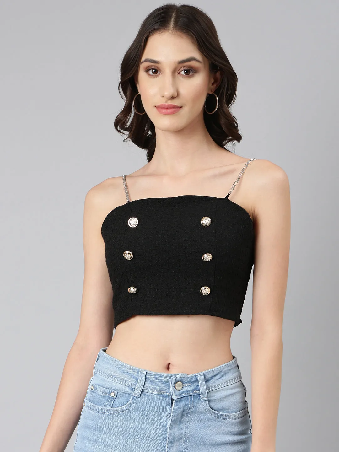 Women Black Sleeveless Smocked Bralette Crop Top