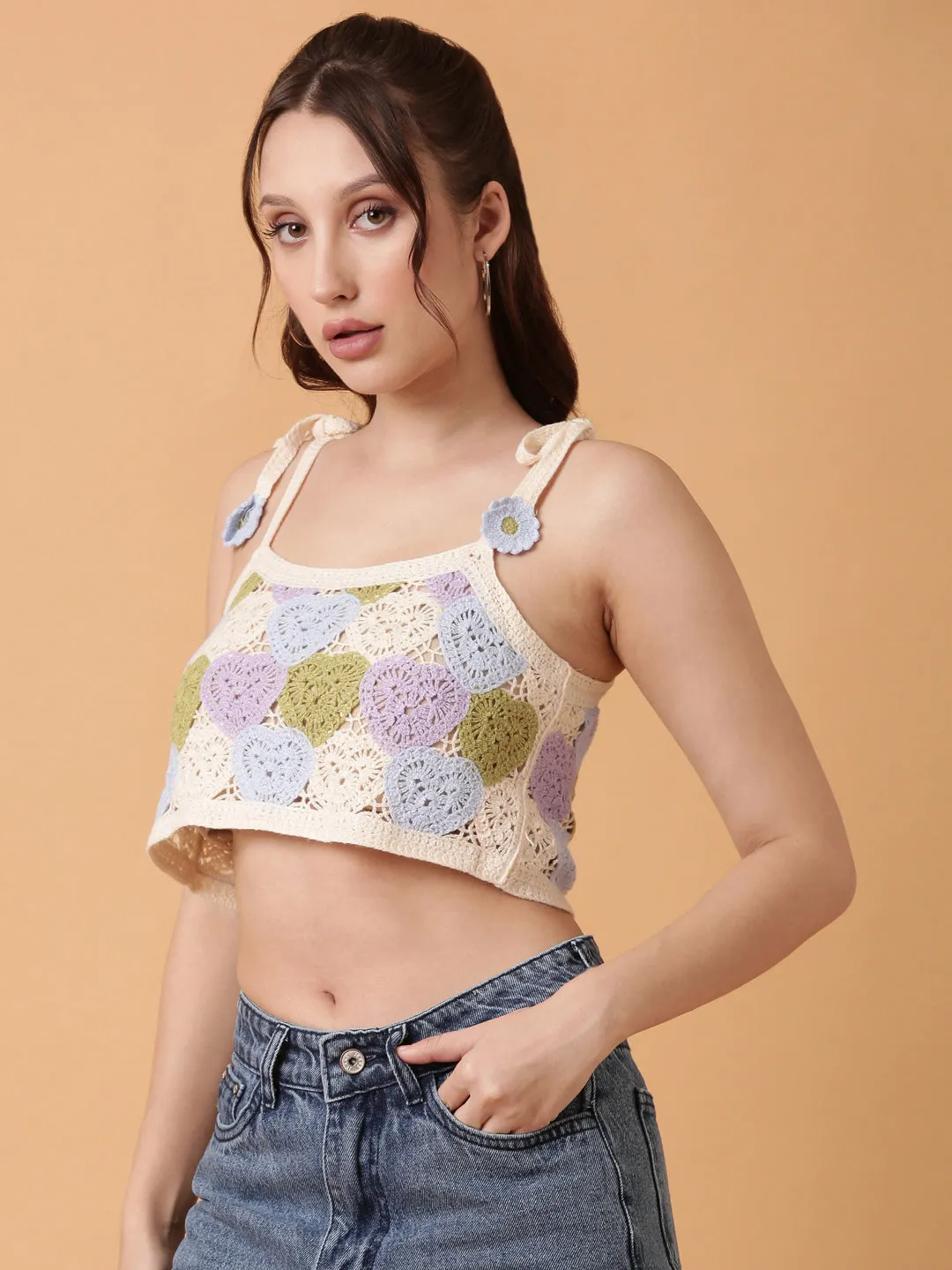 Women Blue Crochet Crop Top