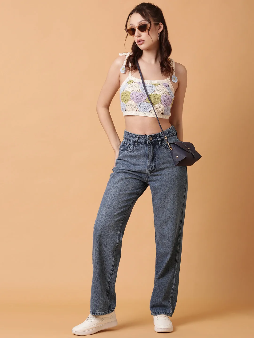 Women Blue Crochet Crop Top