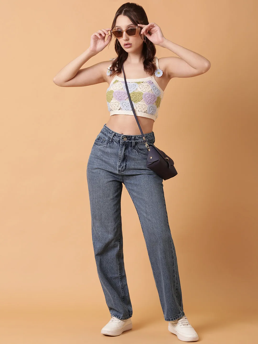 Women Blue Crochet Crop Top