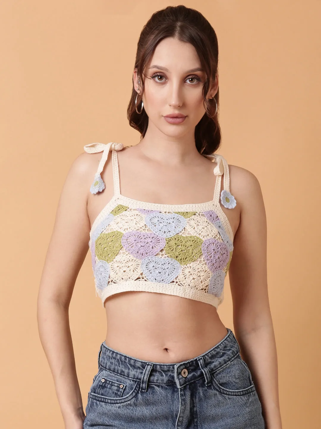 Women Blue Crochet Crop Top