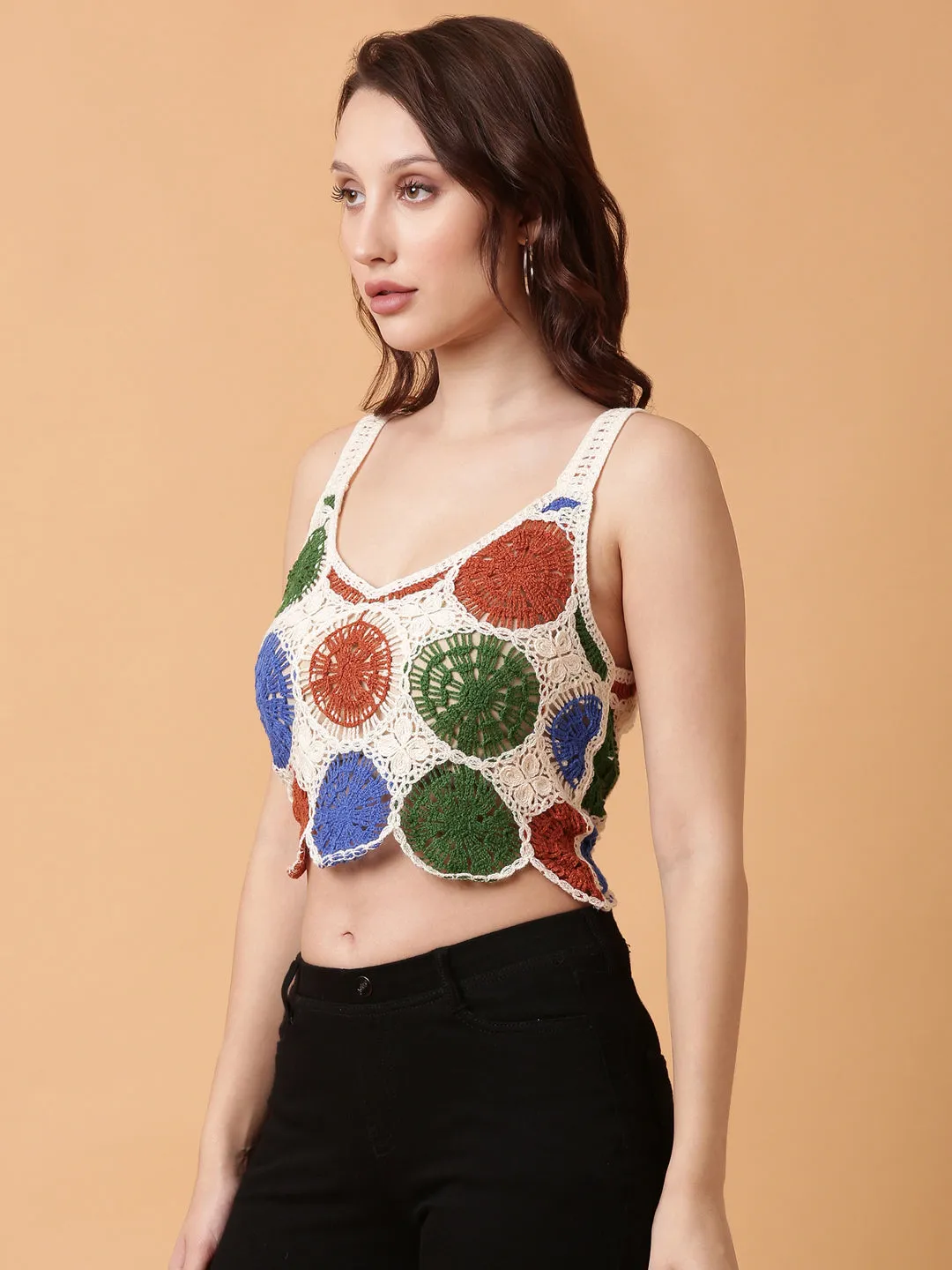 Women Brown Crochet Crop Top