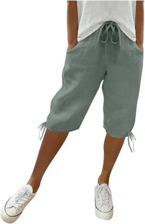 Women Capri Pants Summer Linen Drawstring Elastic Waisted Striped Shorts 2025 Trendy Knee Length Casual Beach Pant
