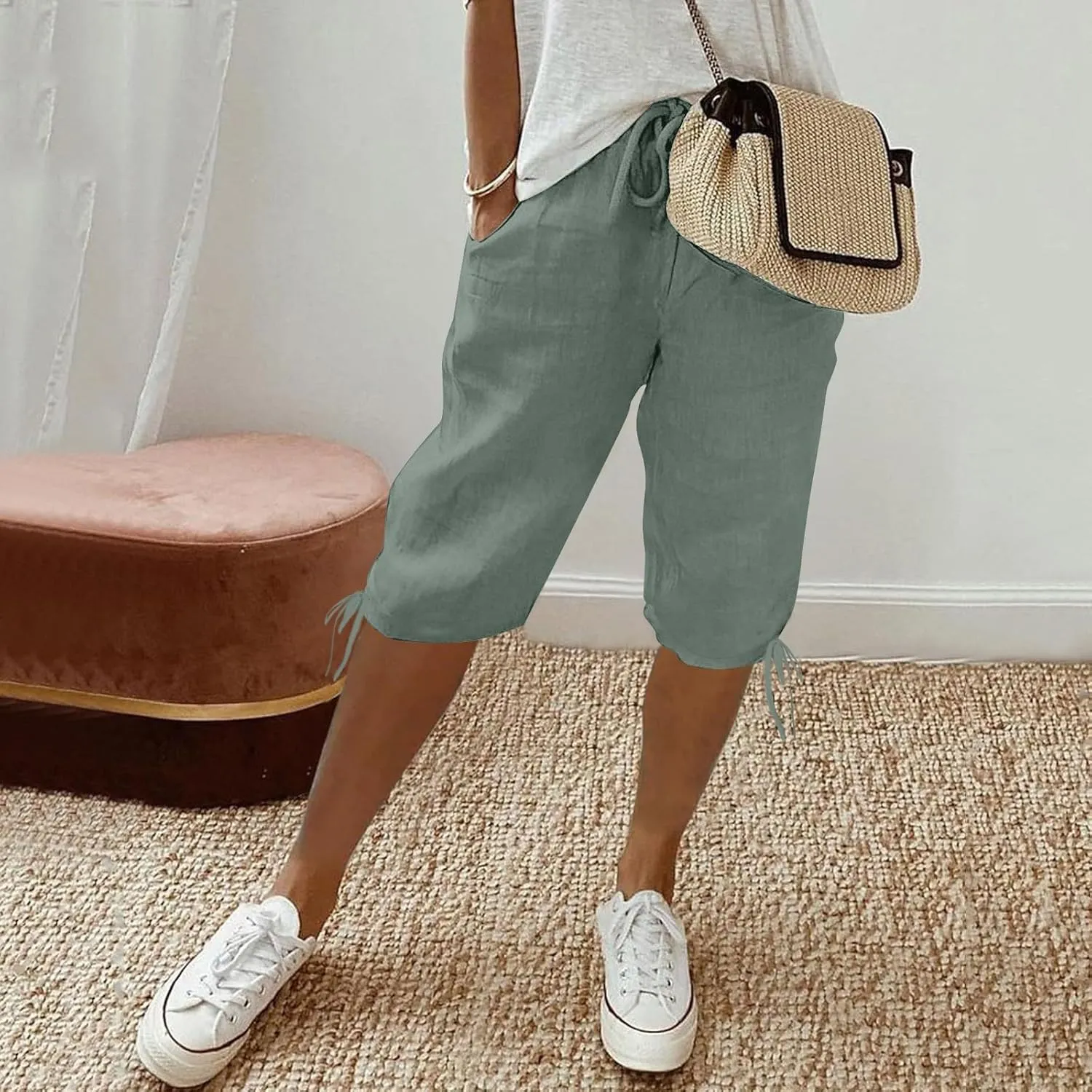 Women Capri Pants Summer Linen Drawstring Elastic Waisted Striped Shorts 2025 Trendy Knee Length Casual Beach Pant