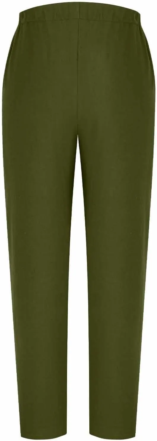 Women Casual Straight Leg Pants Fashion Side Button Cotton Linen Pant Elastic Waist Pocket Trousers Summer Outfits
