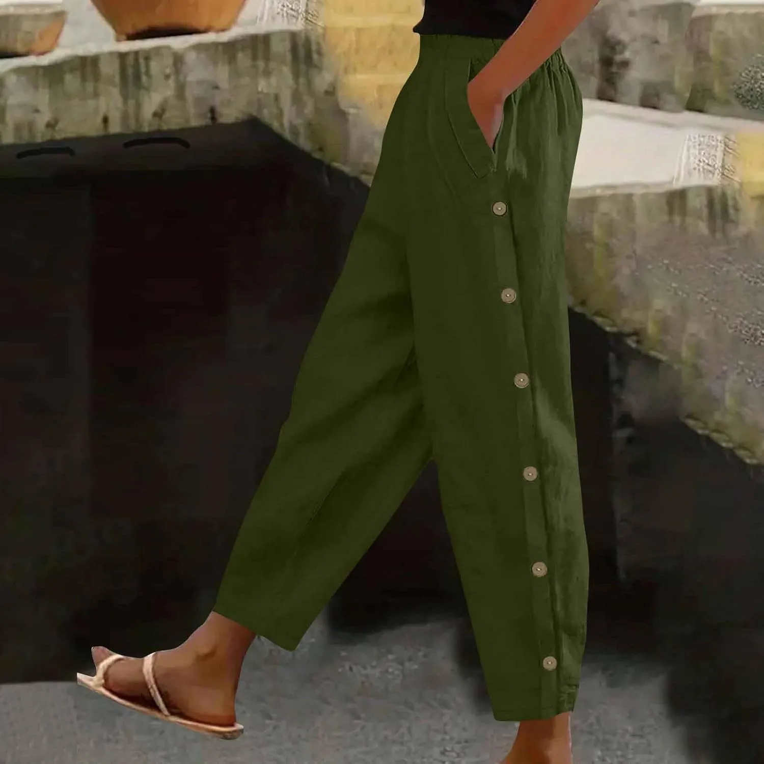 Women Casual Straight Leg Pants Fashion Side Button Cotton Linen Pant Elastic Waist Pocket Trousers Summer Outfits