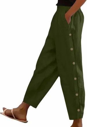 Women Casual Straight Leg Pants Fashion Side Button Cotton Linen Pant Elastic Waist Pocket Trousers Summer Outfits