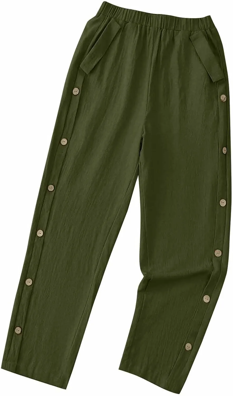 Women Casual Straight Leg Pants Fashion Side Button Cotton Linen Pant Elastic Waist Pocket Trousers Summer Outfits