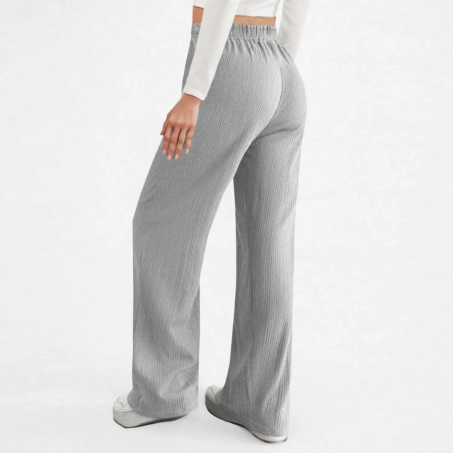Women Casual Textured Pants Trendy Drawstring Elastic High Waist Solid Palazzo Pants Straight Leg Trouser with Pocket