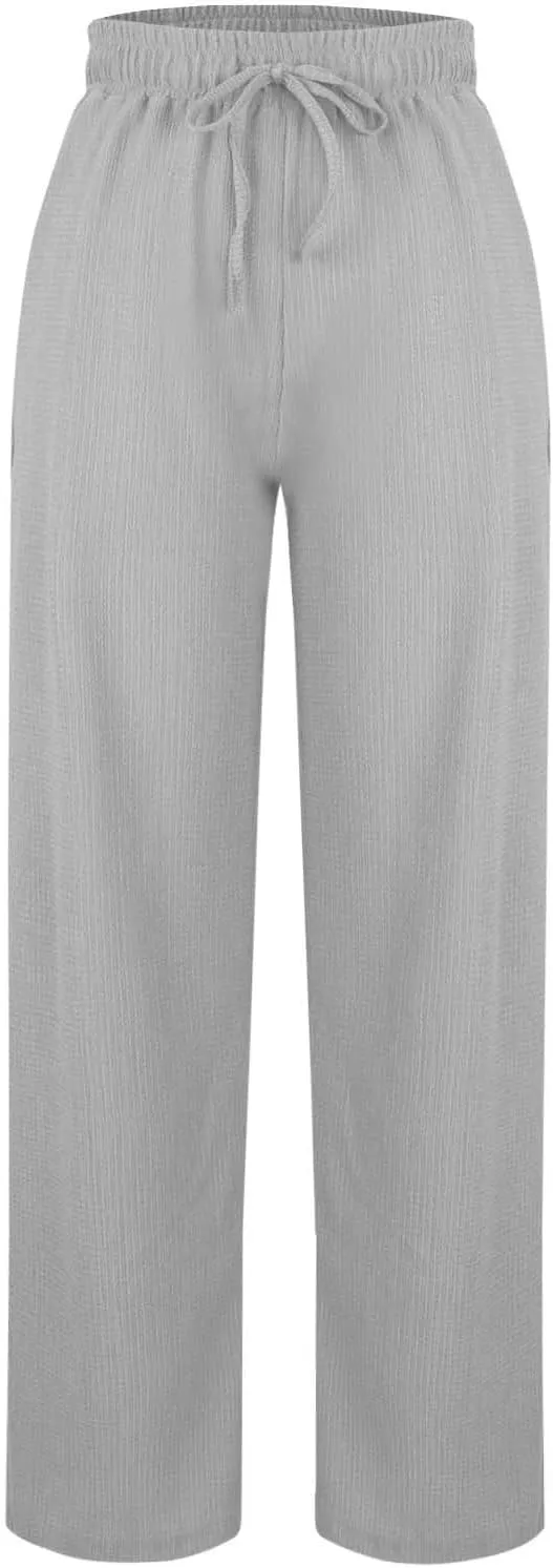 Women Casual Textured Pants Trendy Drawstring Elastic High Waist Solid Palazzo Pants Straight Leg Trouser with Pocket