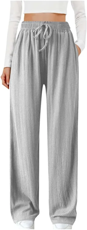Women Casual Textured Pants Trendy Drawstring Elastic High Waist Solid Palazzo Pants Straight Leg Trouser with Pocket