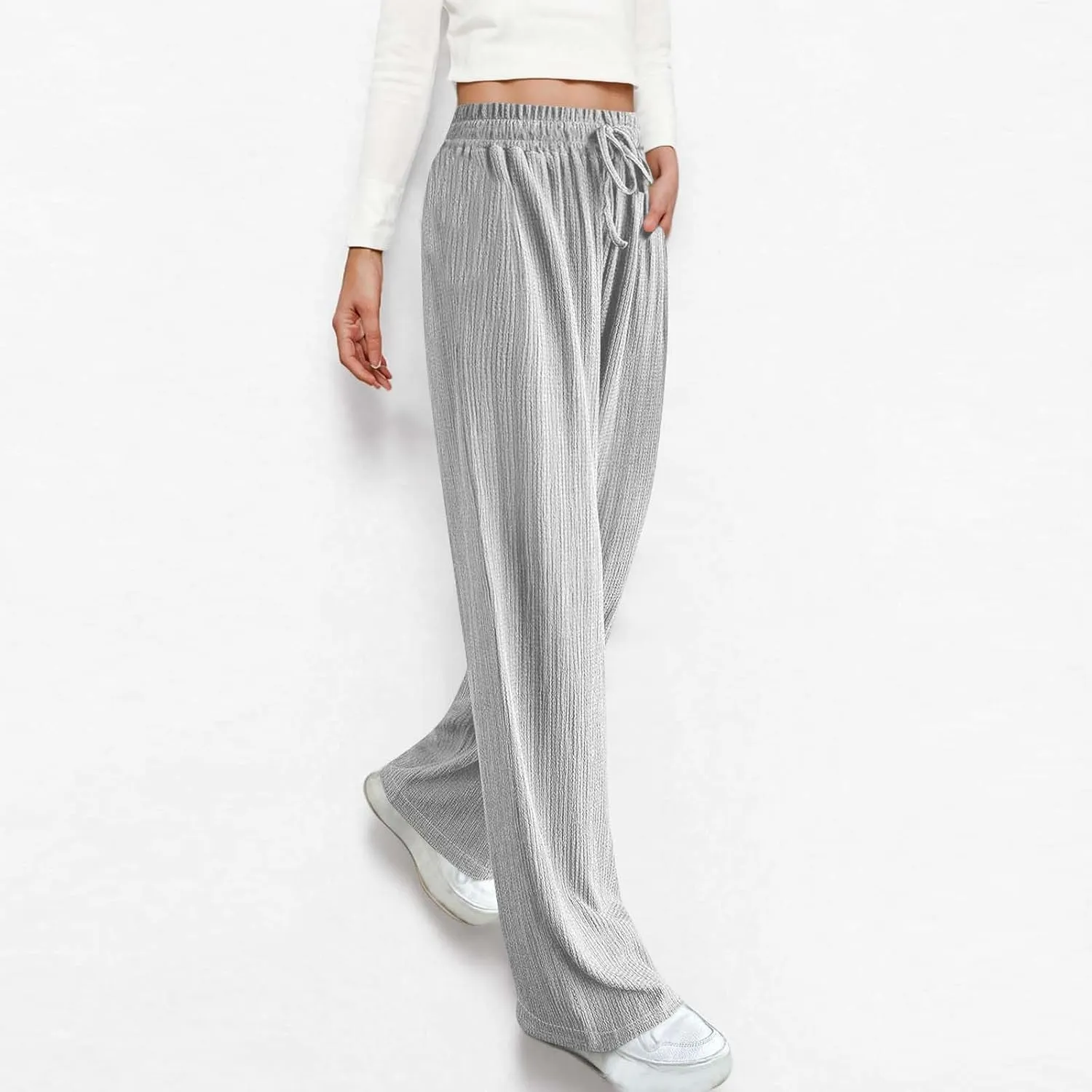 Women Casual Textured Pants Trendy Drawstring Elastic High Waist Solid Palazzo Pants Straight Leg Trouser with Pocket