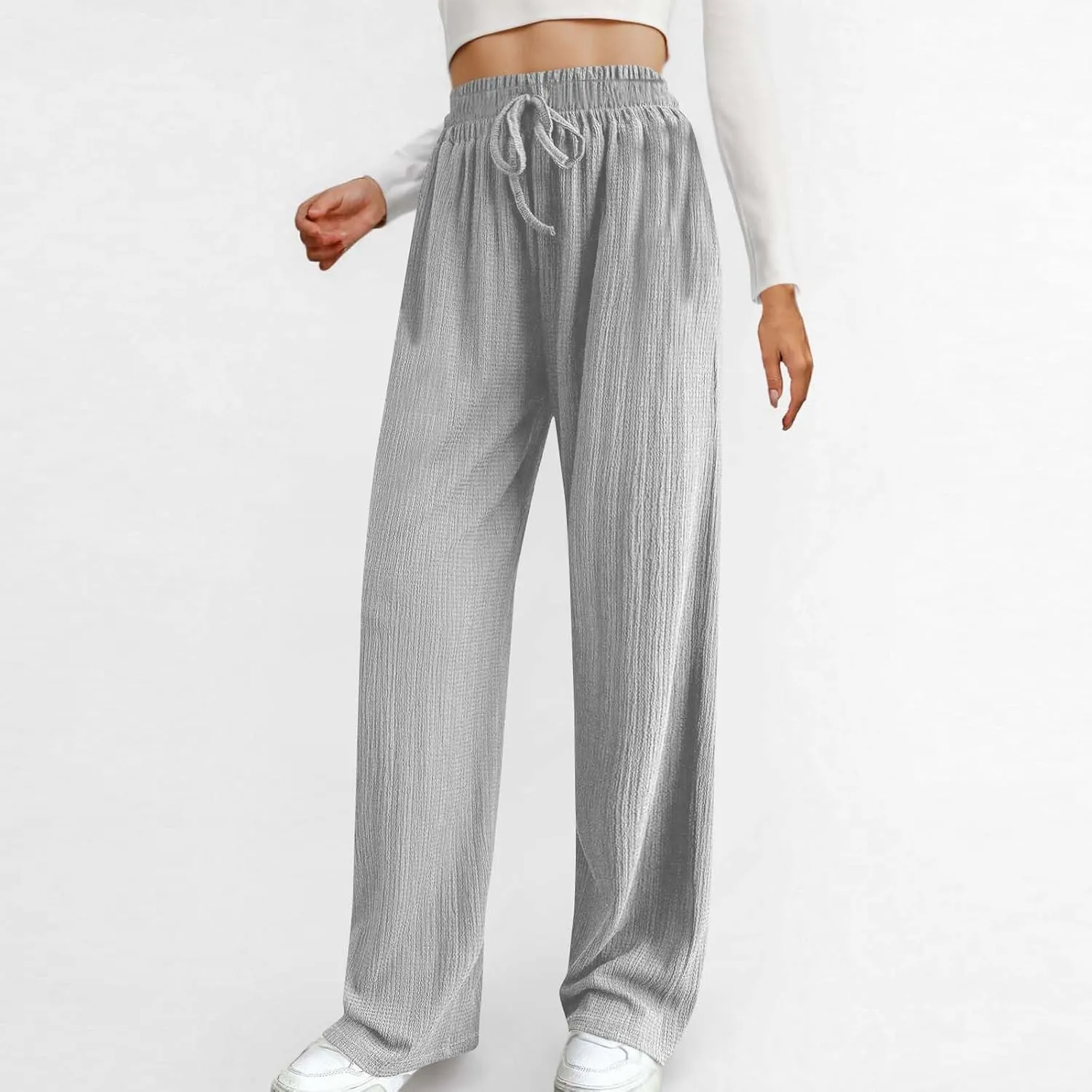 Women Casual Textured Pants Trendy Drawstring Elastic High Waist Solid Palazzo Pants Straight Leg Trouser with Pocket