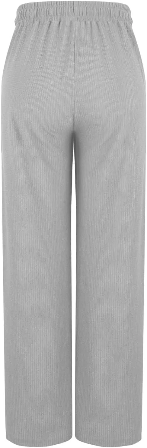 Women Casual Textured Pants Trendy Drawstring Elastic High Waist Solid Palazzo Pants Straight Leg Trouser with Pocket