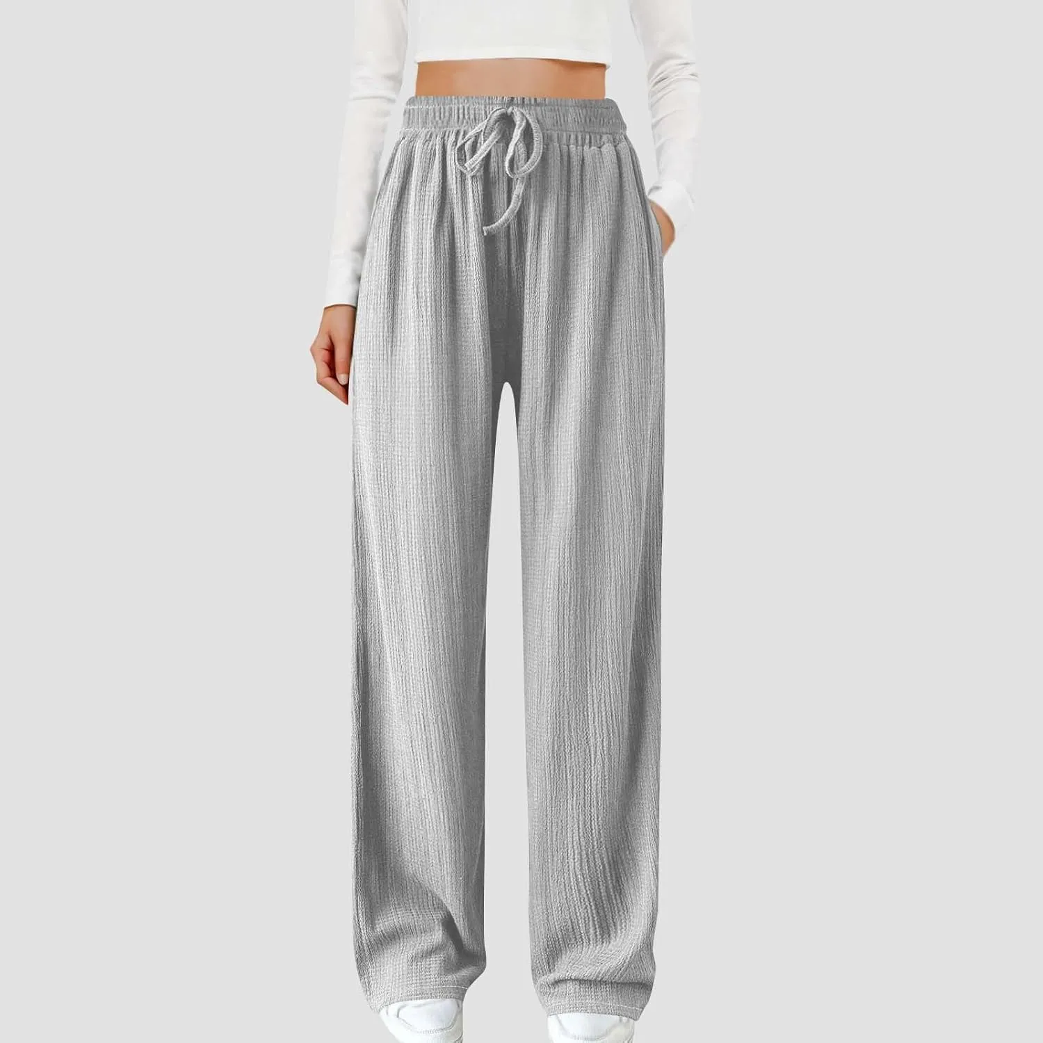 Women Casual Textured Pants Trendy Drawstring Elastic High Waist Solid Palazzo Pants Straight Leg Trouser with Pocket