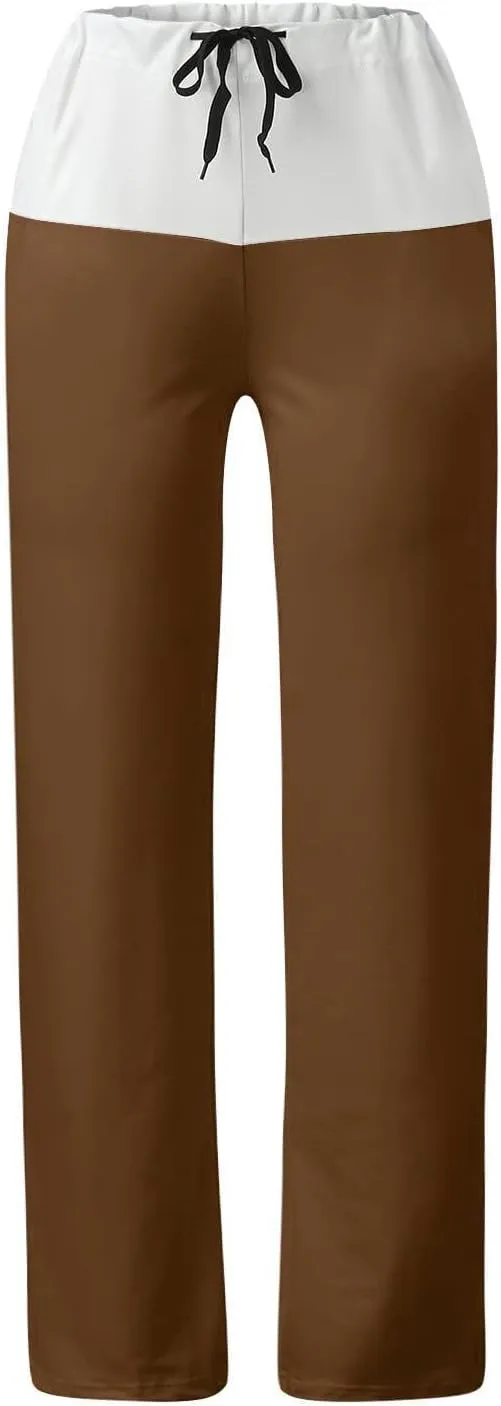 Women Color Block Yoga Pants High Waist Loose Comfy Sweatpants Soft Stretch Wide Leg Drawstring Trouser Lounge Slacks