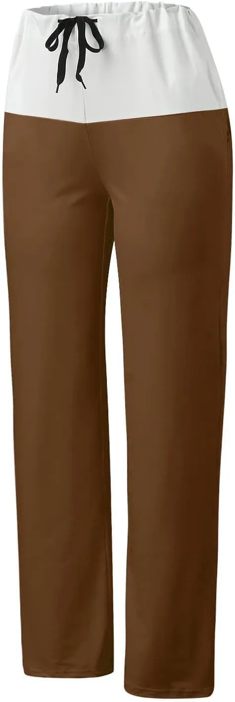 Women Color Block Yoga Pants High Waist Loose Comfy Sweatpants Soft Stretch Wide Leg Drawstring Trouser Lounge Slacks