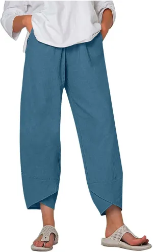 Women Cotton Linen Capris Pants Summer Plus Size Boho Pant Lightweight Hight Waist Linen Vacation Beach Trouser Pocket